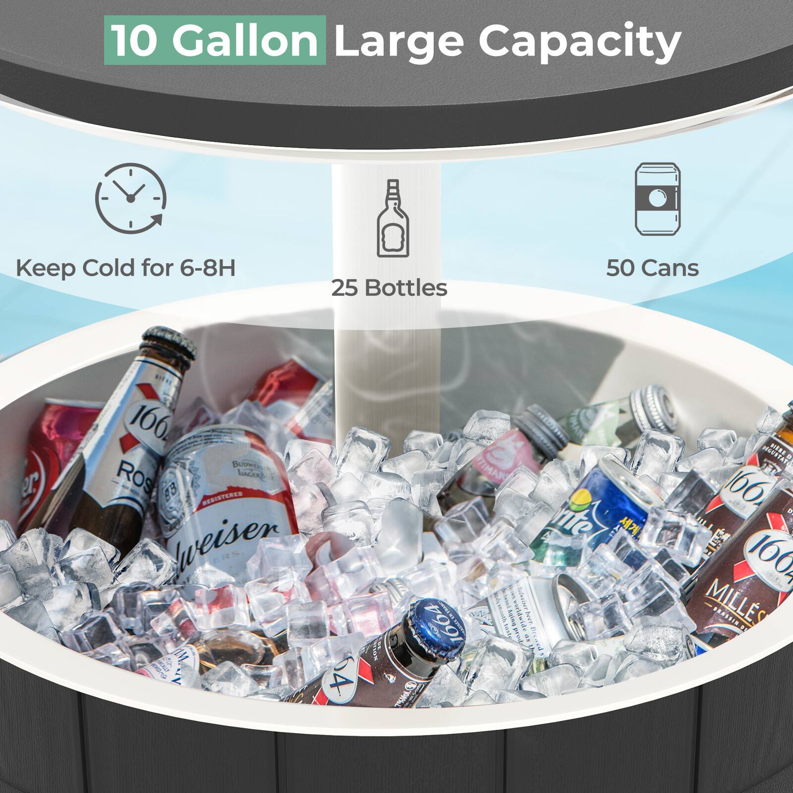 10 Gallon Large Capacity  
Keep Cold for 6-8H  
25 Bottles  
50 Cans