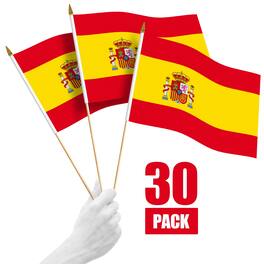 G128 - 30-Pack Handheld Spain Flags — 12" x 18" 150D Polyester with Wooden Pole and Gold Spear Tip - Assorted Colors