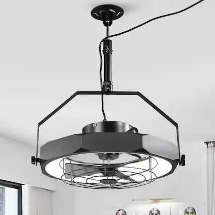 Front. Parrot Uncle - 20” Matte Black Downrod Mount/ Wall Mount Fan with 3CCT LED Light and Remote, Plug Installation - Black.