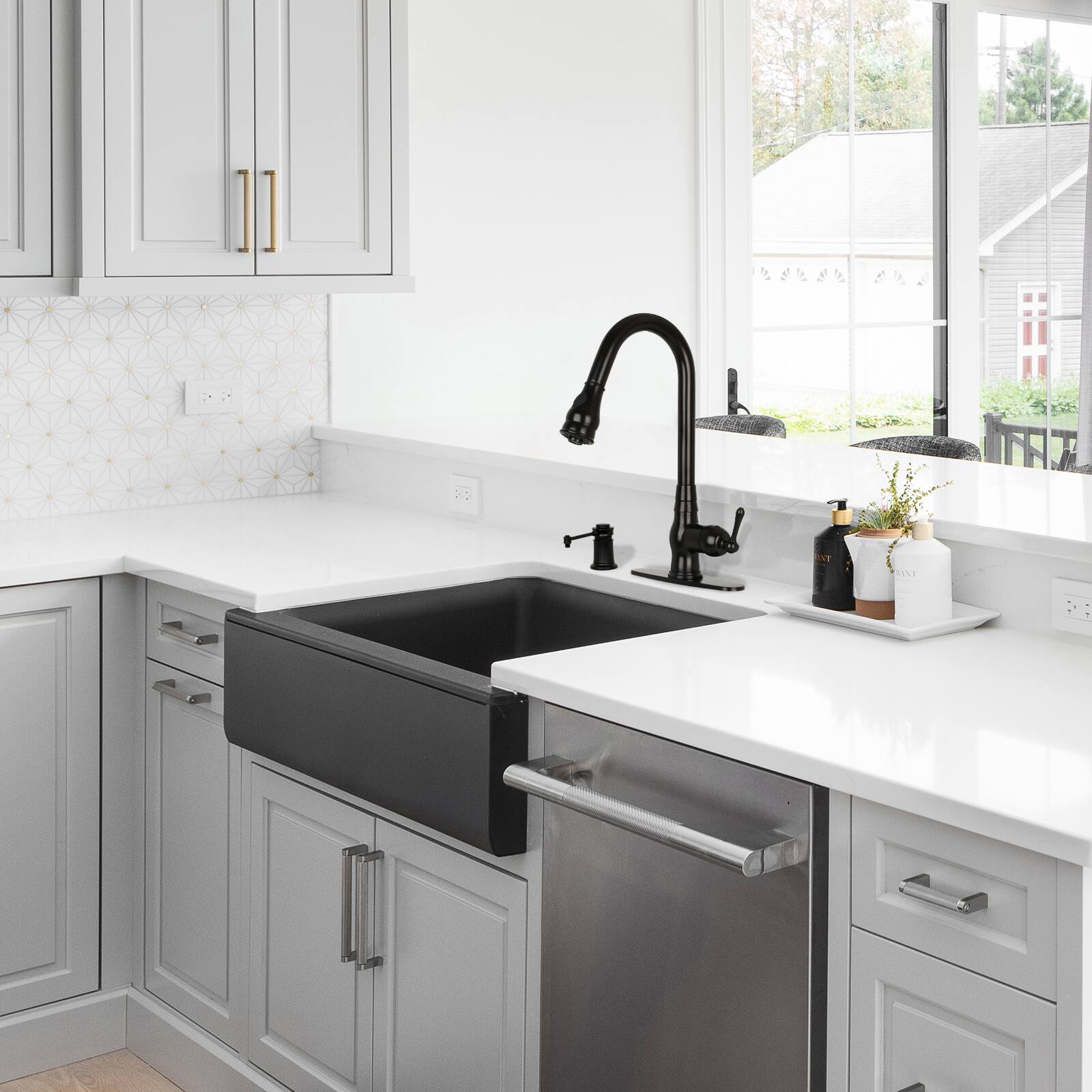 Alt View 4. Akicon - Akicon Brass Built-in Soap Dispenser for Kitchen Sink Top Refill with 17 oz. Bottle in Matte Black - Matte Black.