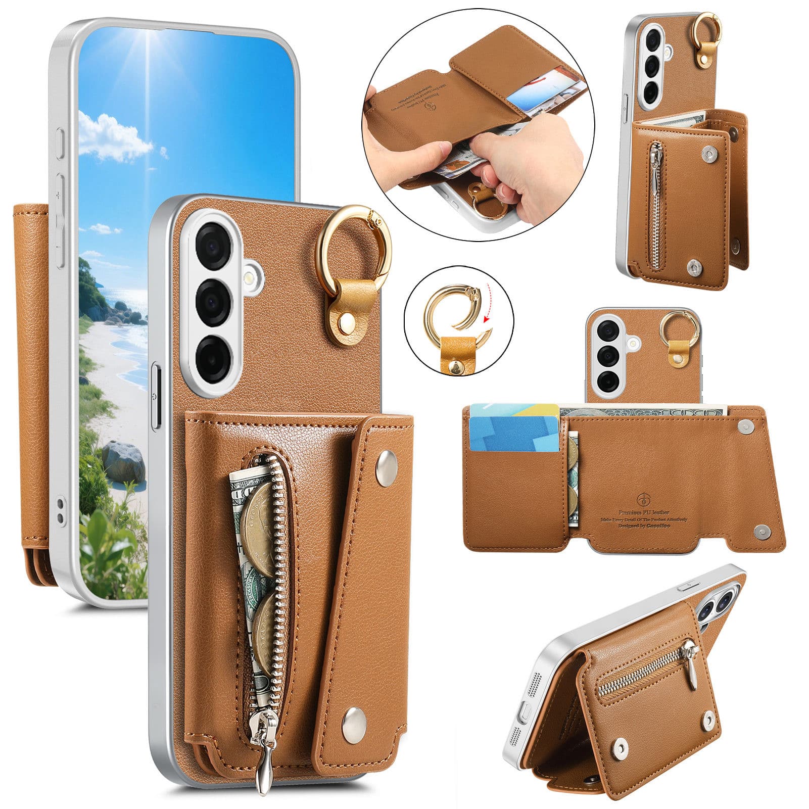 Dteck - PU Leather Zipper Wallet Phone Case for Samsung Galaxy A16 5G with Ring Buckle, Shockproof Kickstand Protective Cover - Brown price history on PriceWatchPro