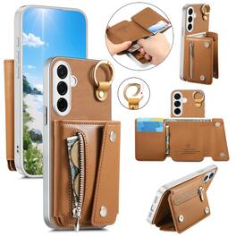 Dteck - PU Leather Zipper Wallet Phone Case for Samsung Galaxy A16 5G with Ring Buckle, Shockproof Kickstand Protective Cover - Brown