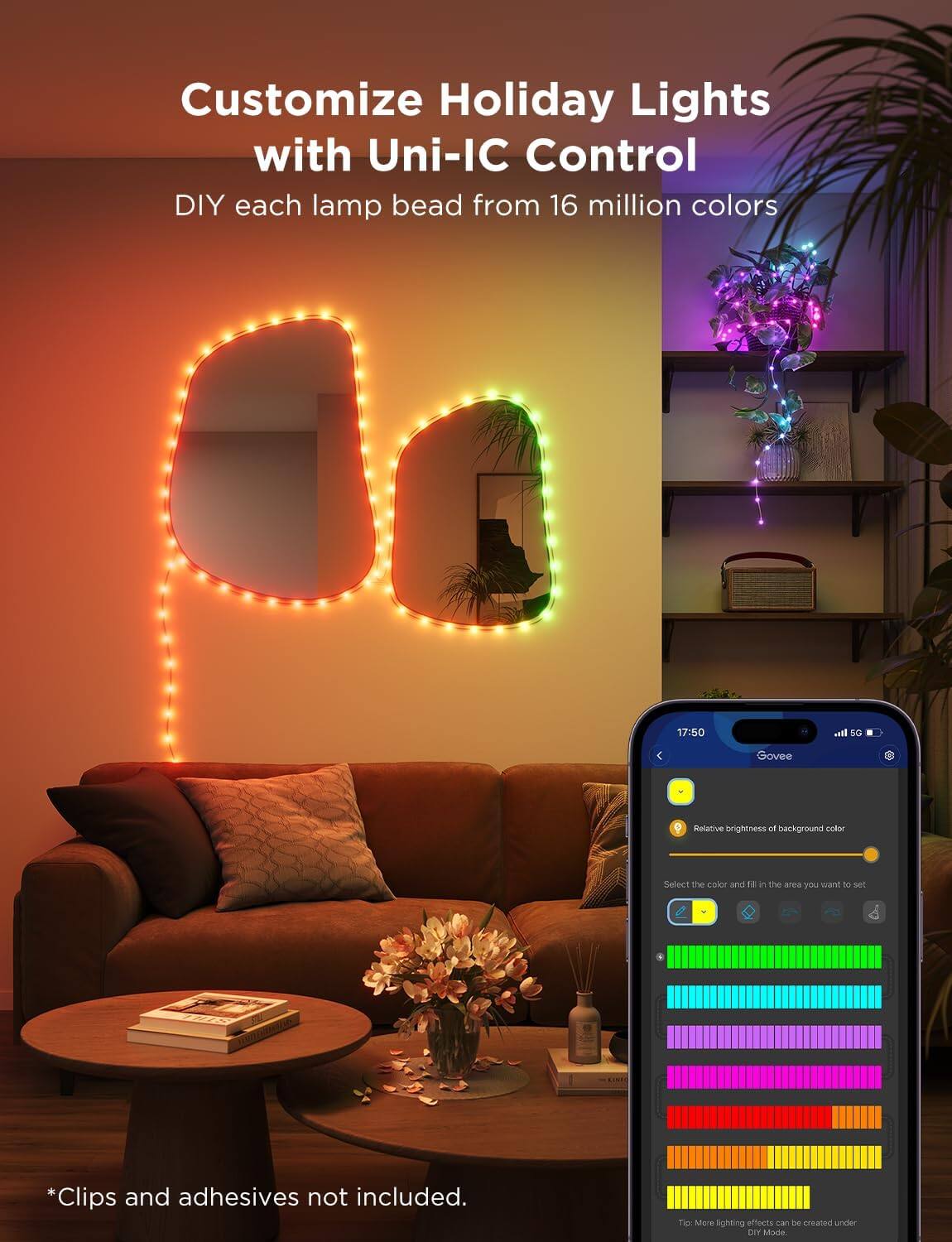 Customize Holiday Lights with Uni-IC Control

DIY each lamp bead from 16 million colors

*Clips and adhesives not included.

Relative brightness for background color

Select the color and fill in the area you want to set

Tip: More lighting effects can be created under DIY Mode