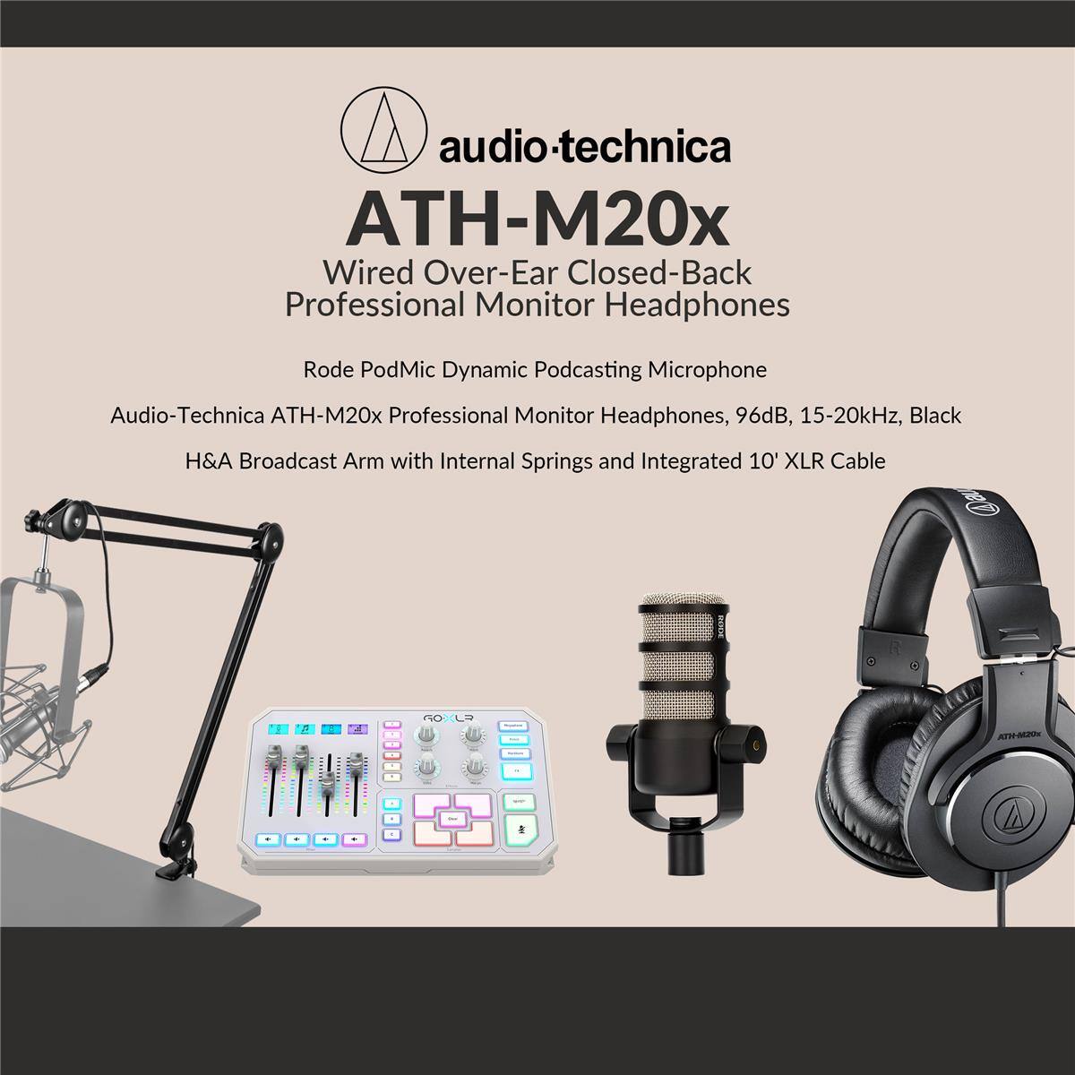 audio-technica ATH-M20x Wired Over-Ear Closed-Back Professional Monitor Headphones

Rode PodMic Dynamic Podcasting Microphone

Audio-Technica ATH-M20x Professional Monitor Headphones, 96dB, 15-20kHz, Black

H&A Broadcast Arm with Internal Springs and Integrated 10' XLR Cable