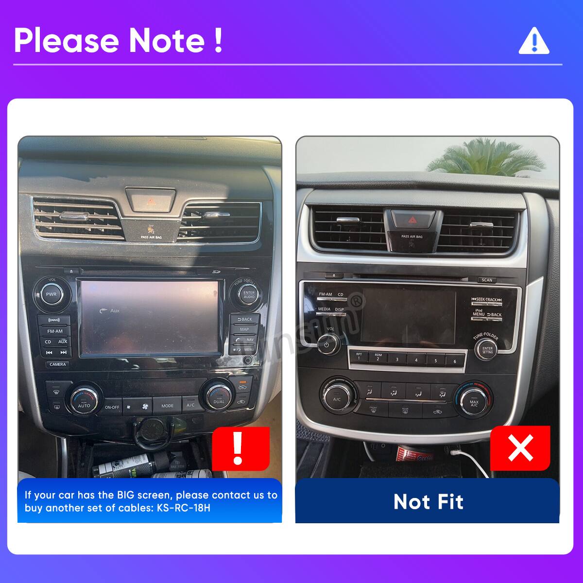 Please Note!  
- If your car has the BIG screen, please contact us to buy another set of cables: KS-RC-18H  
- Not Fit