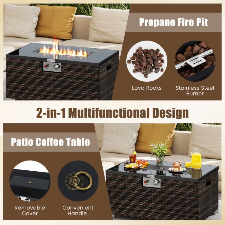 Propane Fire Pit  
Lava Rocks  
Stainless Steel Burner  

2-in-1 Multifunctional Design  

Patio Coffee Table  
Removable Cover  
Convenient Handle