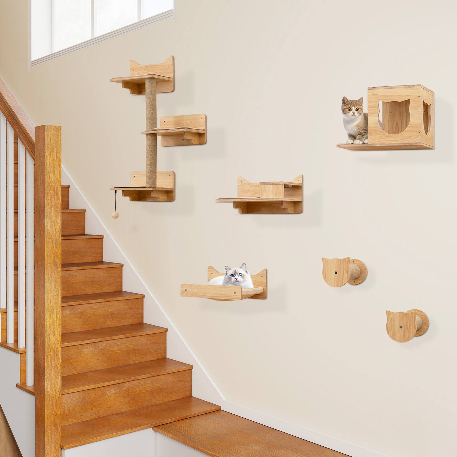 Alt View 3. Gymax - Gymax 6PCS Wall-Mounted Cat Activity Center w/3-Tier Cat Tower Hammock 2 Bowls Indoor.