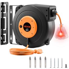 VEVOR - Retractable Extension Reel, 50 FT Heavy Duty 14AWG/3C SJTOW Power Cord with Lighted Triple Tap Outlet, 13 Amp Circuit - Black;Orange