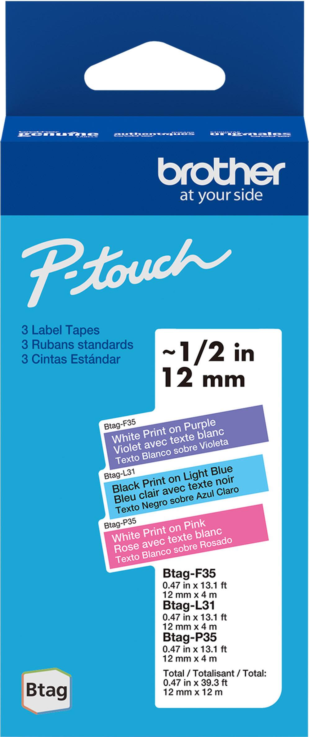 The text on the image is a description of the Brother Petouch 3 Label Tapes. The tapes come in three different colors: purple, light blue, and pink. Each color has a different text style: white, black, and white. The tapes are 12mm wide and are 4 meters long. The total length of the tapes is 12 meters.