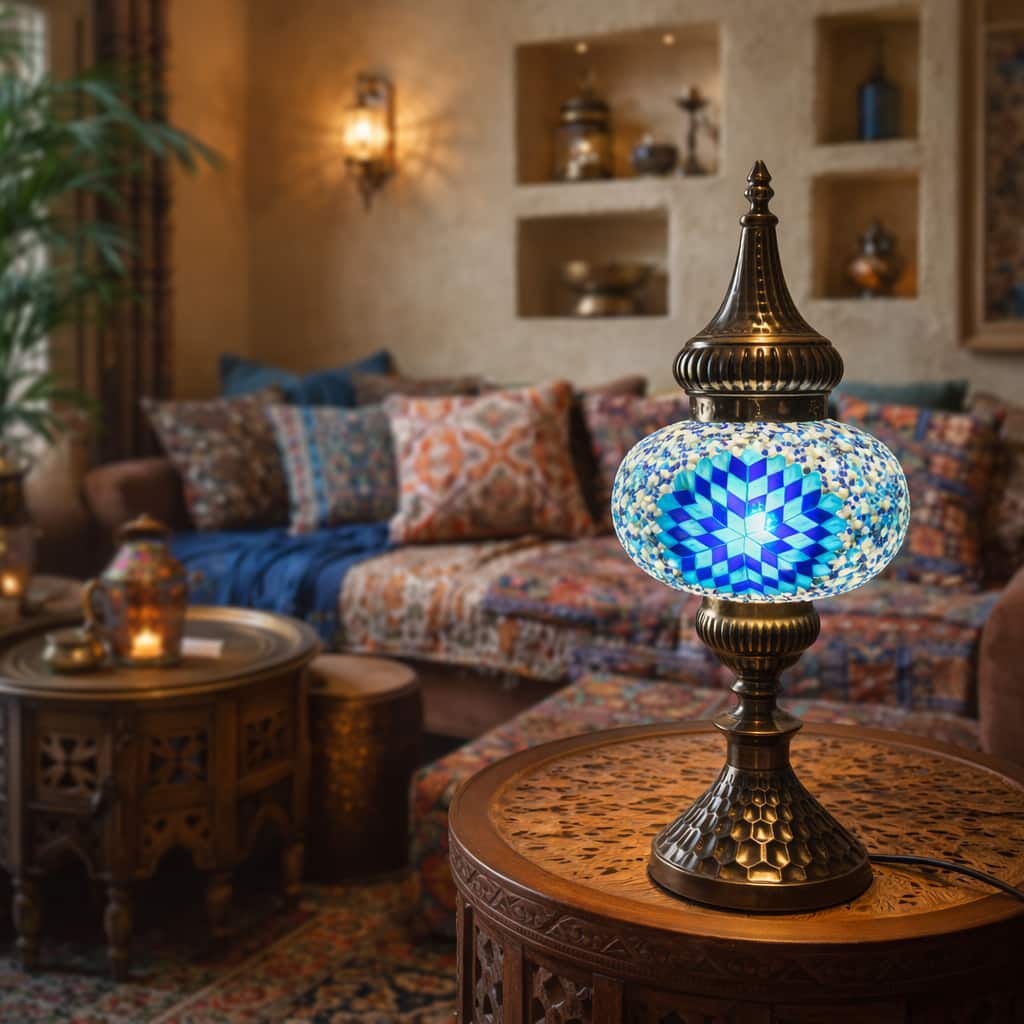 FC Design - 20"H Unique Bronze Base Blue Starburst Mosaic Turkish Lamp