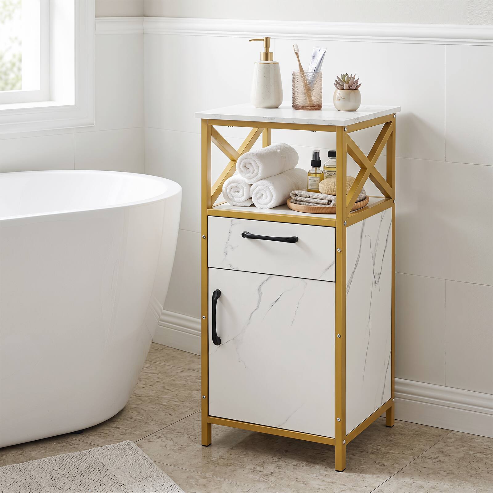 Alt View 3. Costway - Costway Bathroom Storage Cabinet with Drawer, Single Door & Open Shelf for Small Spaces - White & Golden.