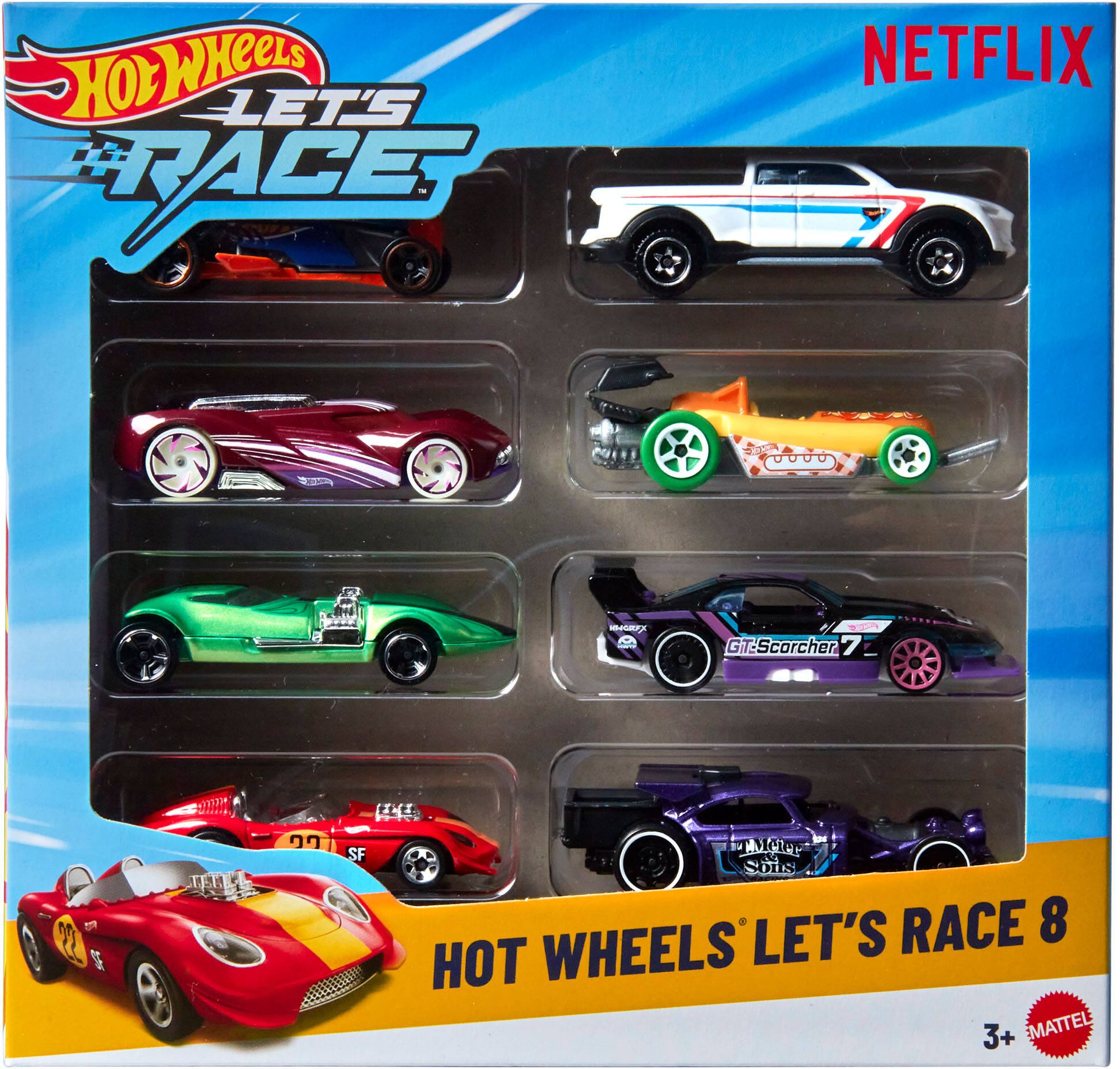 Hot Wheels LET'S RACE 138  
NETFLIX  
0000  
KNGRFX  
GT-Scorcher 7  
SF  
Tweter Sons LET'S RACE 8 HOT WHEELS 3+ MATTEL