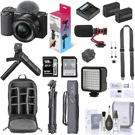 Bundle - Sony - ZV-E10 Mirrorless Vlog Camera with 16-50mm Lens, Black - with Vlogger Accessory Kit, 128GB SD Card,
