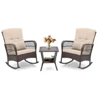 Costway 3 PCS Patio Rocker Set Outdoor Wicker Rocking Chairs with Double-Layer Coffee Table - Mix Brown + Beige - Front_Zoom
