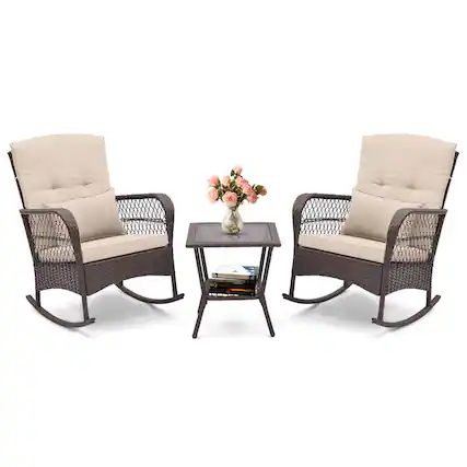 Front. Costway - 3 PCS Patio Rocker Set Outdoor Wicker Rocking Chairs with Double-Layer Coffee Table - Mix Brown + Beige.