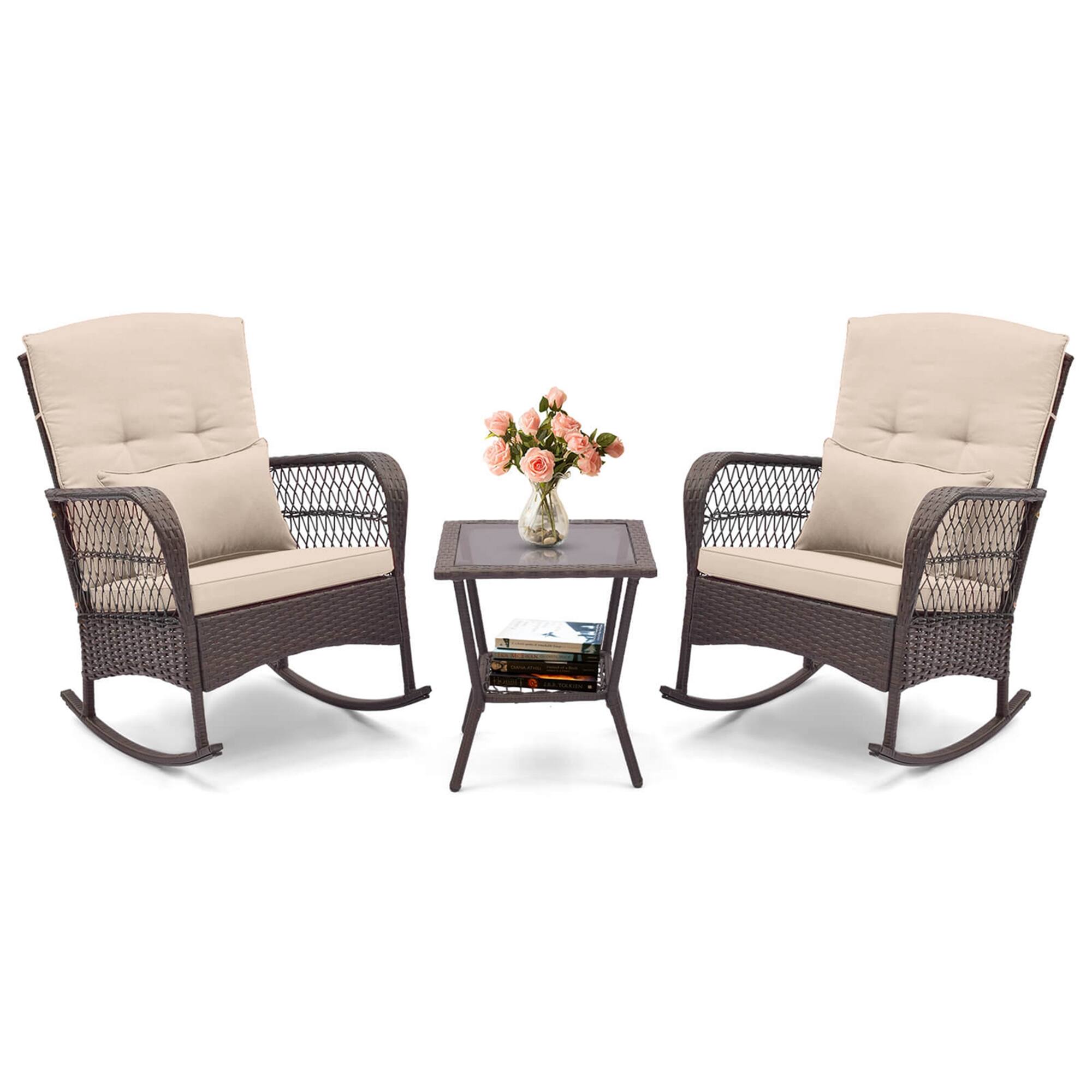 Costway - 3 PCS Patio Rocker Set Outdoor Wicker Rocking Chairs with Double-Layer Coffee Table - Mix Brown + Beige