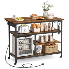 Songmics Home - Kitchen Island with Drop Leaf, 47.2" Width Rolling Kitchen Cart with Power Strip, Extendable Worktop, Workbench,Pegboard - Rustic Brown and Ink Black