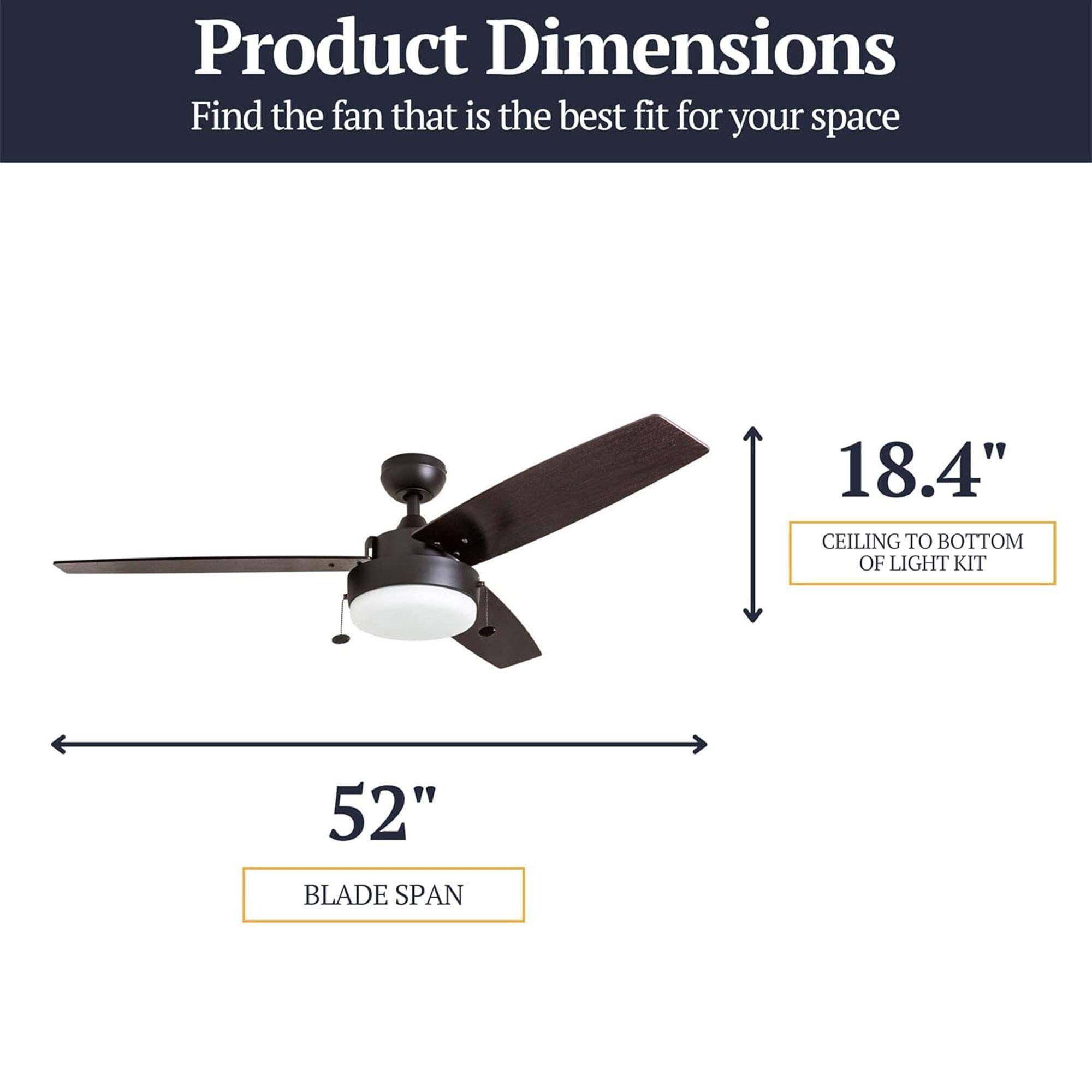 Product Dimensions  
Find the fan that is the best fit for your space  
18.4" CEILING TO BOTTOM OF LIGHT KIT  
52" BLADE SPAN