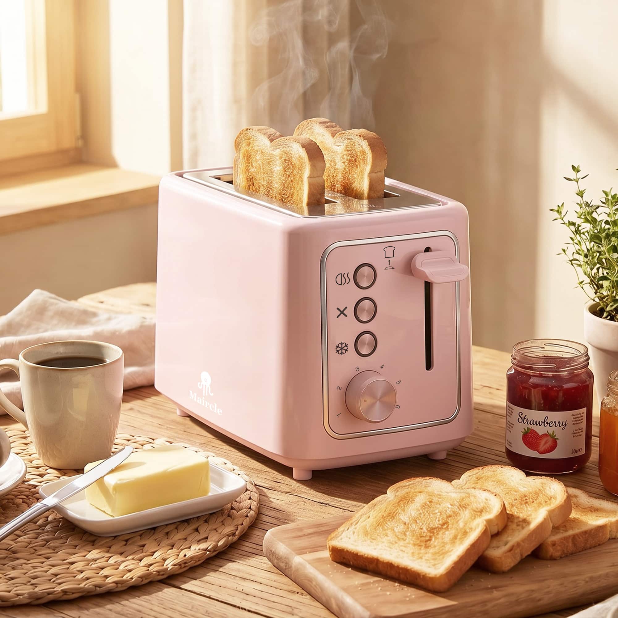 MOOSOO - Maircle 2 Slice Toaster, Bread Toaster With Extra Wide Slots,6 Browning Settings, Defrost/Cancel/Bagel Button For Bagels - Pink
