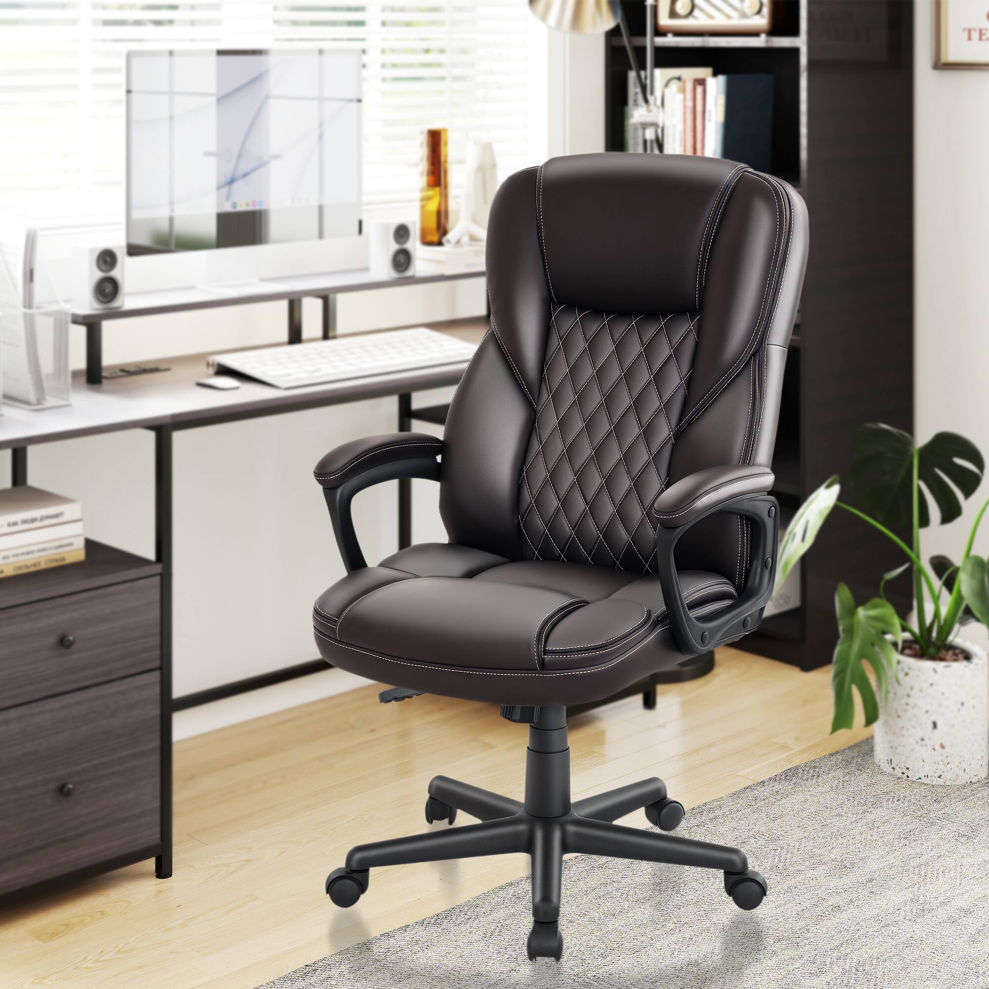 Alt View 7. Homcom - Office Chair High Back, PU Leather Executive Computer Desk Chair, Adjustable Height Lumbar Support Swivel Wheels - Brown.