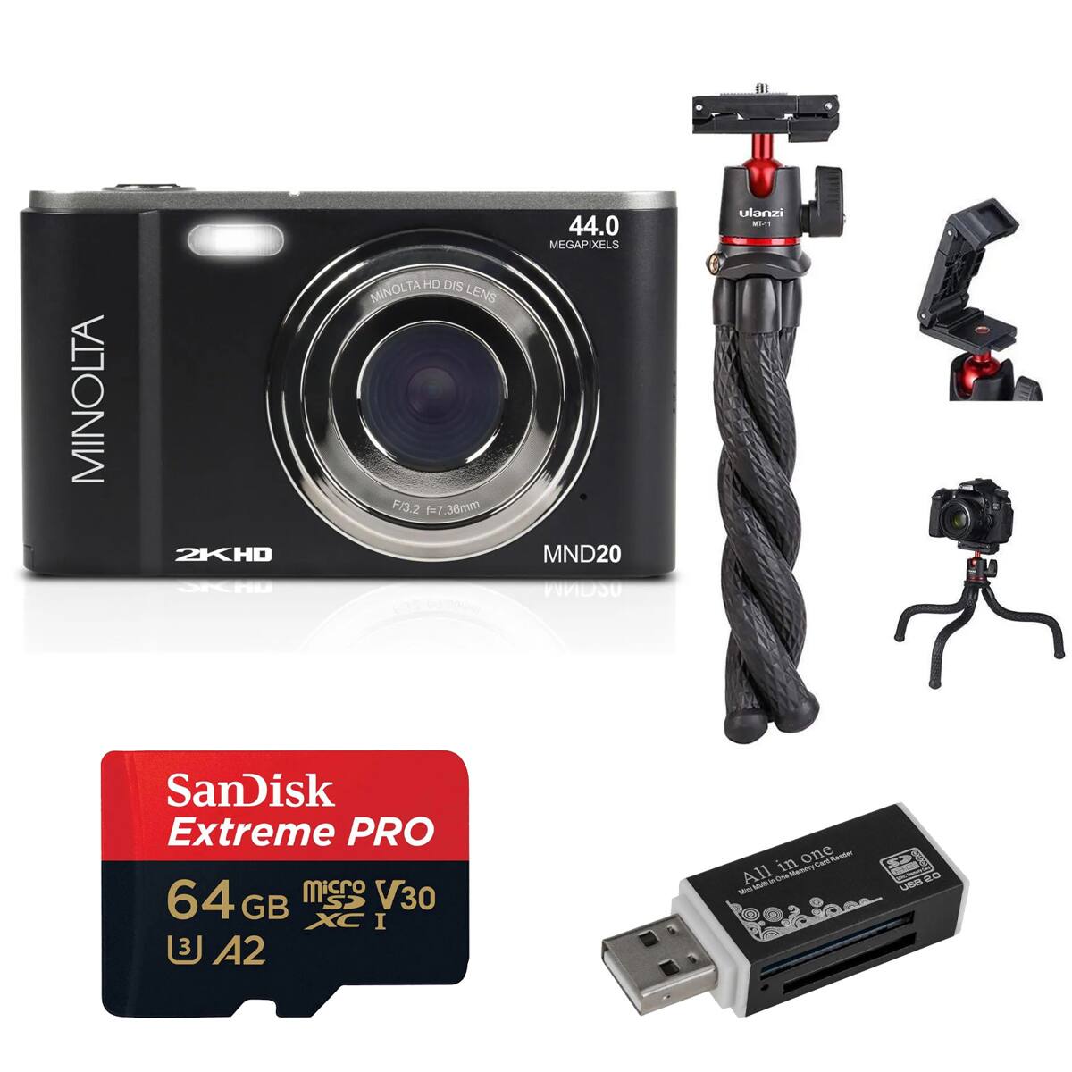 MINOLTA 2KHD HD DIS MINOLTA LENS F/3.2 f7 7.36mm 44.0 MEGAPIXELS MND20  
ulanzi  
ONU  
SanDisk Extreme PRO 64 micro SP V30 GB XC I  
3 A2  
All in one CntTatde rLam  
All in one  
NU notio_  
aO LM