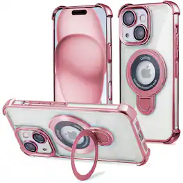 Entronix - Magnetic Case for iPhone 15 - Luxury Clear Back with Glossy Gripstand - Rose