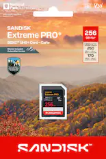 National Park Foundation
Great Smoky Mountains National Park
SANDISK Extreme PRO
SDXC™ UHS-I Card • Carte
Sticker included
Autocollant inclus
PROUD SUPPORTER OF NATIONAL PARK FOUNDATION
256 GB*
SPEEDS UP TO
VITESSE JUSQU'A
250 MB/s**
READ • LECTURE
170 MB/s**
WRITE • ÉCRIRE
SANDISK Extreme PRO
250 MB/s R
170 MB/s W
256 GB
V30
SANDISK™