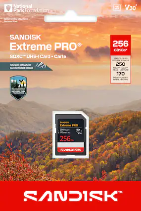 National Park Foundation
Great Smoky Mountains National Park
SANDISK Extreme PRO
SDXC™ UHS-I Card • Carte
Sticker included
Autocollant inclus
PROUD SUPPORTER OF NATIONAL PARK FOUNDATION
256 GB*Go*
SPEEDS UP TO 250 MB/s**
READ • LECTURE 170 MB/s**
WRITE • ÉCRIRE 170 MB/s**
4K UHD 1
V30 2
SANDISK Extreme PRO
250MB/s R
170MB/s W
256GB
SANDISK™
