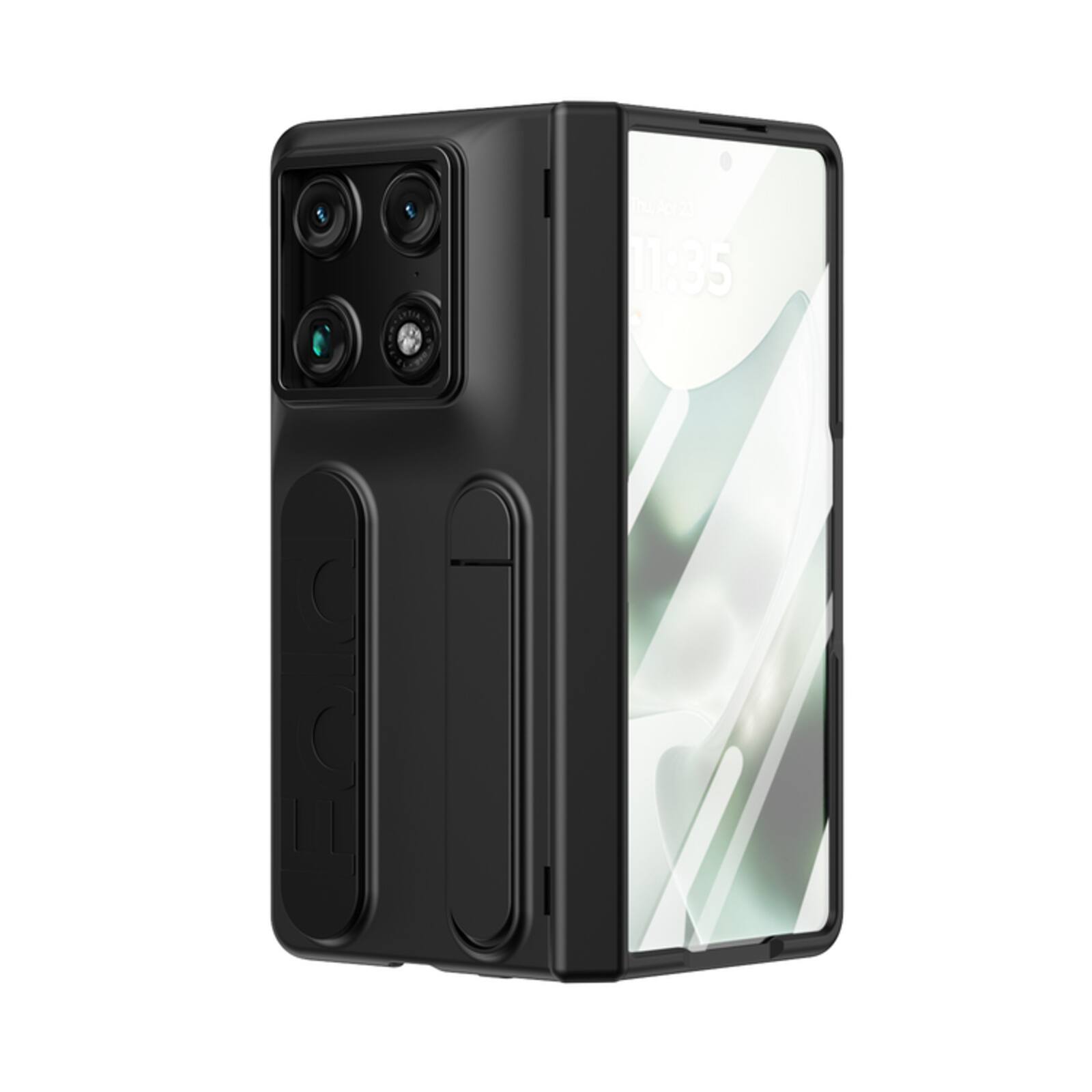 Front. UUCOVER - For Motorola Razr Fold (2026) Kickstand Case with Card Slot, Silicone Wristband & Tempered Screen Protector, Hinge Cover - Black.