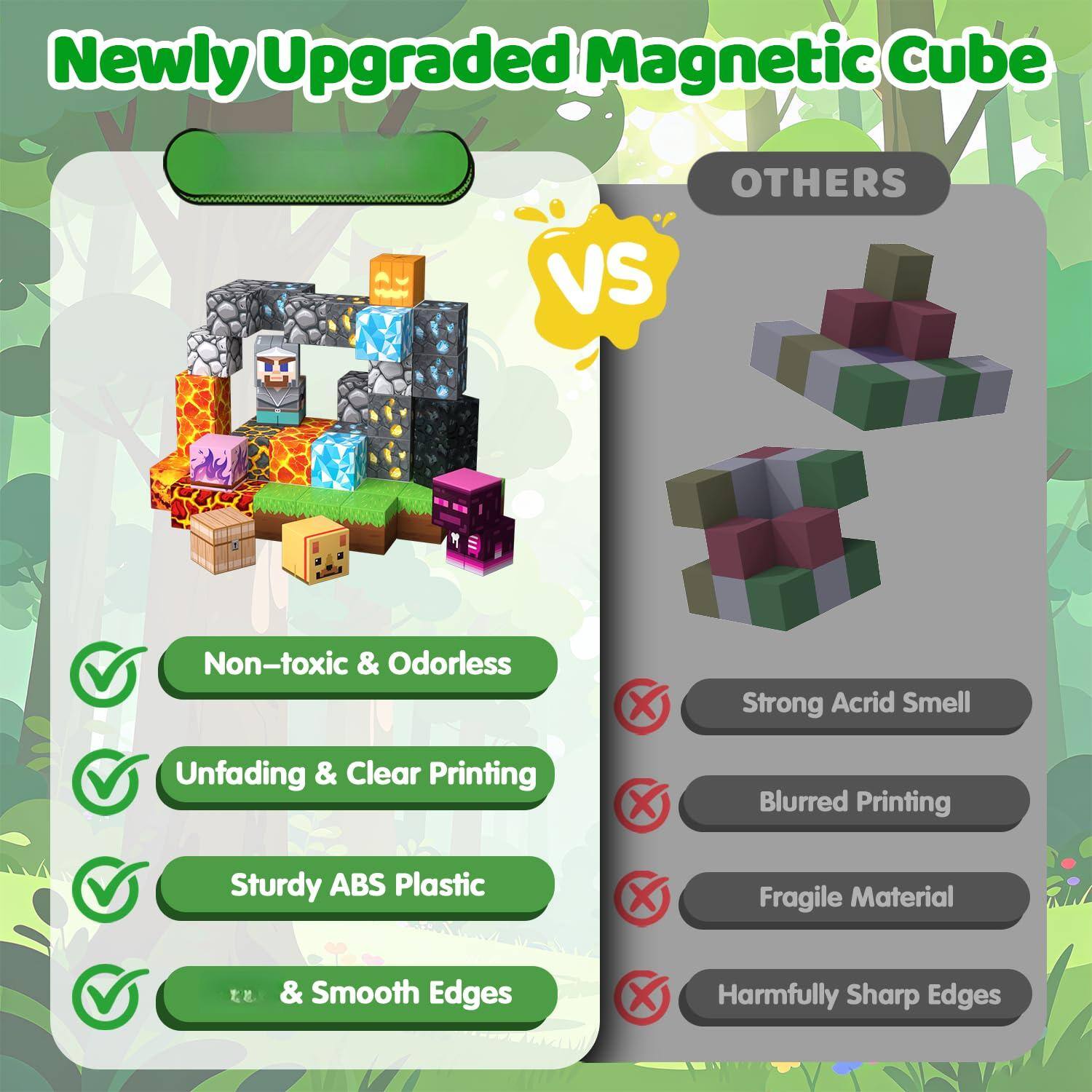Newly Upgraded Magnetic Cube

**VS**

**OTHERS**

- Non-toxic & Odorless
- Unfading & Clear Printing
- Sturdy ABS Plastic
- & Smooth Edges

**VS**

- Strong Acrid Smell
- Blurred Printing
- Fragile Material
- Harmfully Sharp Edges
