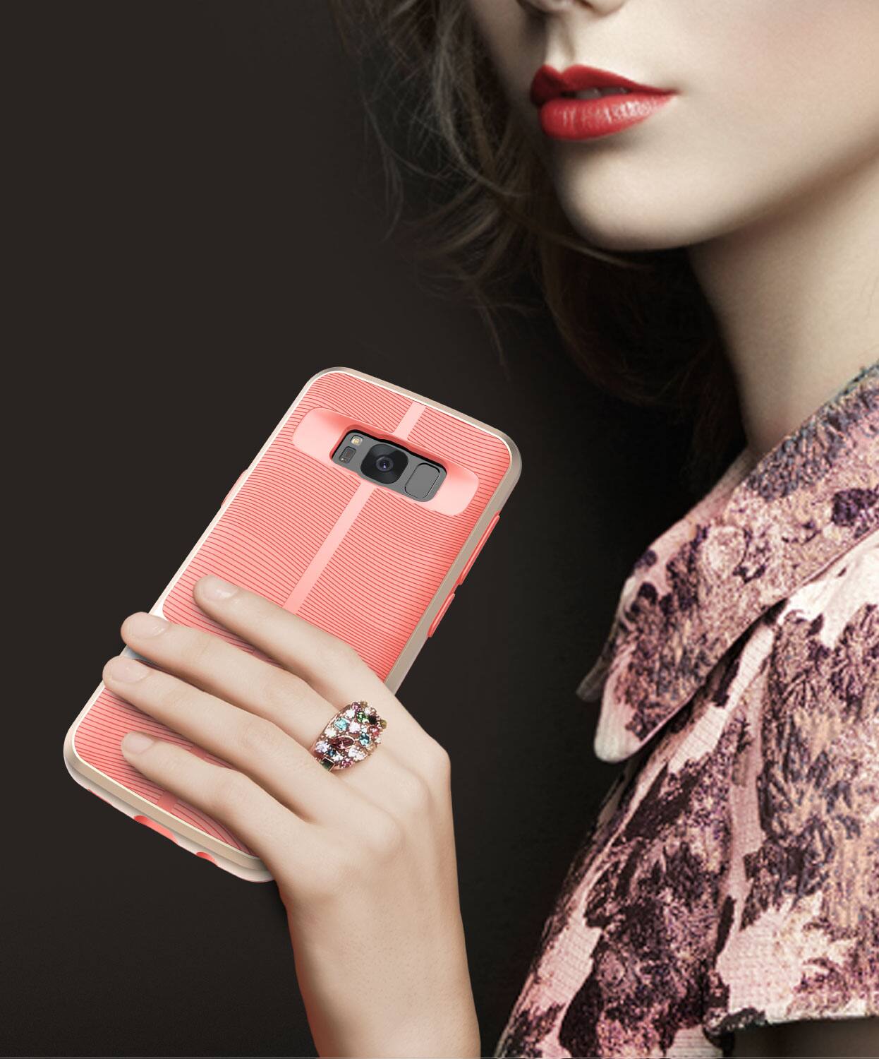 Angle. Vena - vAllure Shockproof Hybrid Wave Grip Case for Samsung Galaxy S8+ - Gold / Coral Pink - Multicolored.