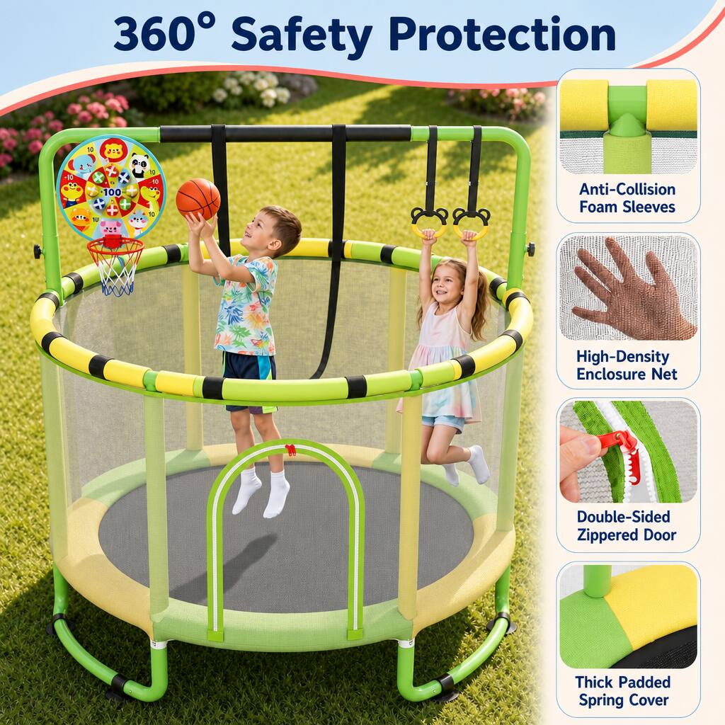 360° Safety Protection

- Anti-Collision Foam Sleeves
- High-Density Enclosure Net
- Double-Sided Zippered Door
- Thick Padded Spring Cover