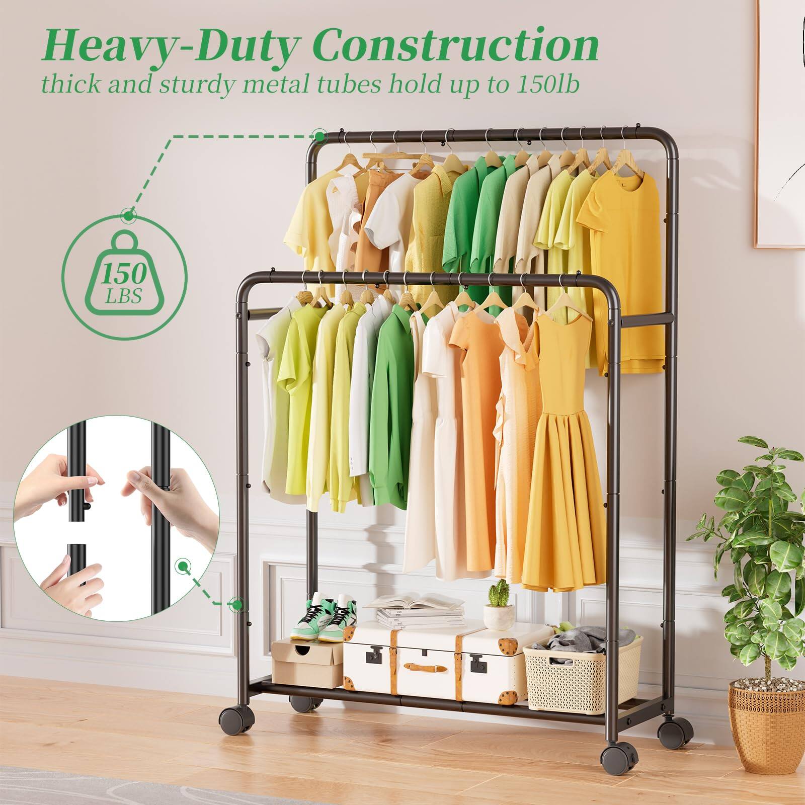 Heavy-Duty Construction  
thick and sturdy metal tubes hold up to 150lb