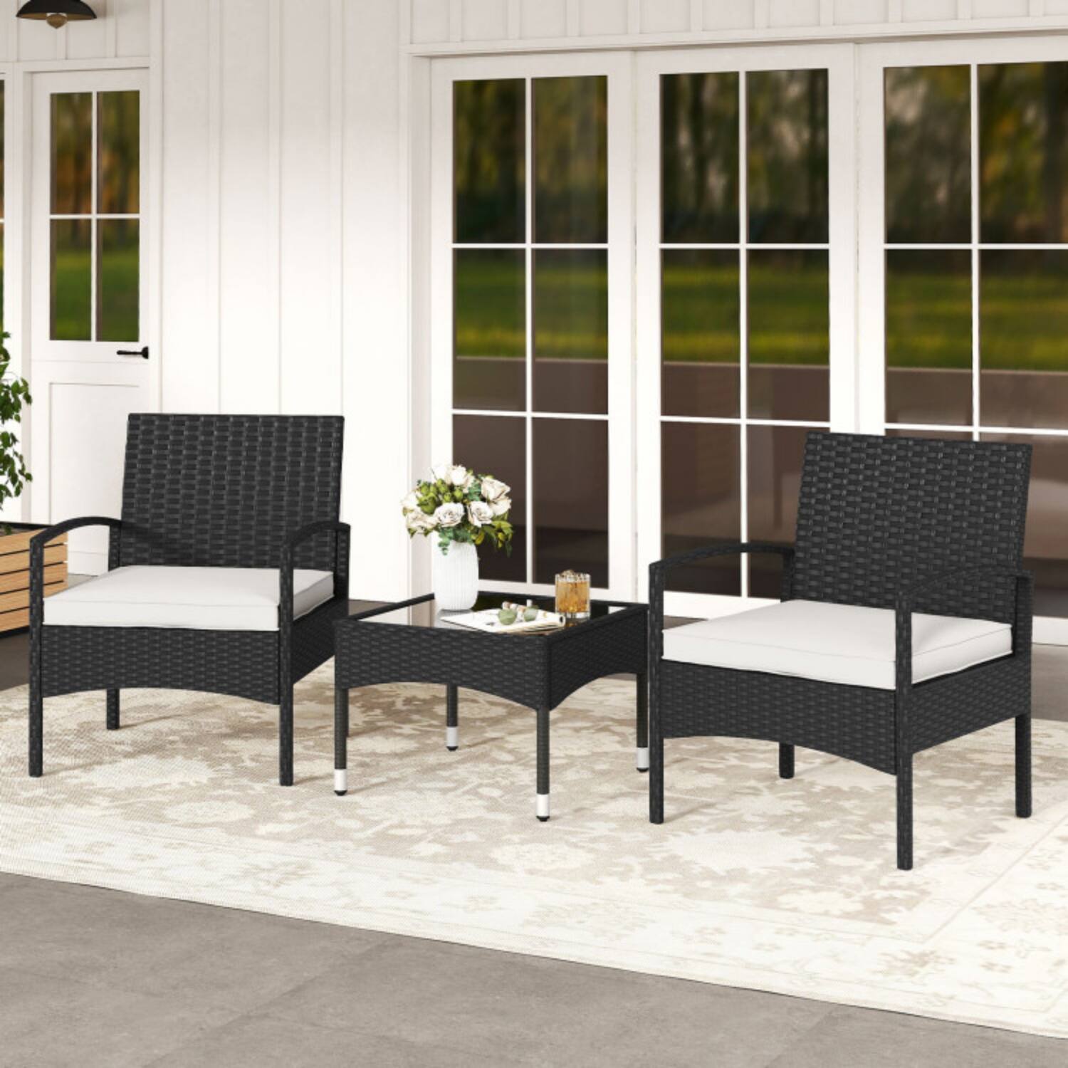 Front. Mondawe - Compact Freestanding Patio Bistro Set Rattan with 2 Chairs and Table 3-Piece - Black+Beige.