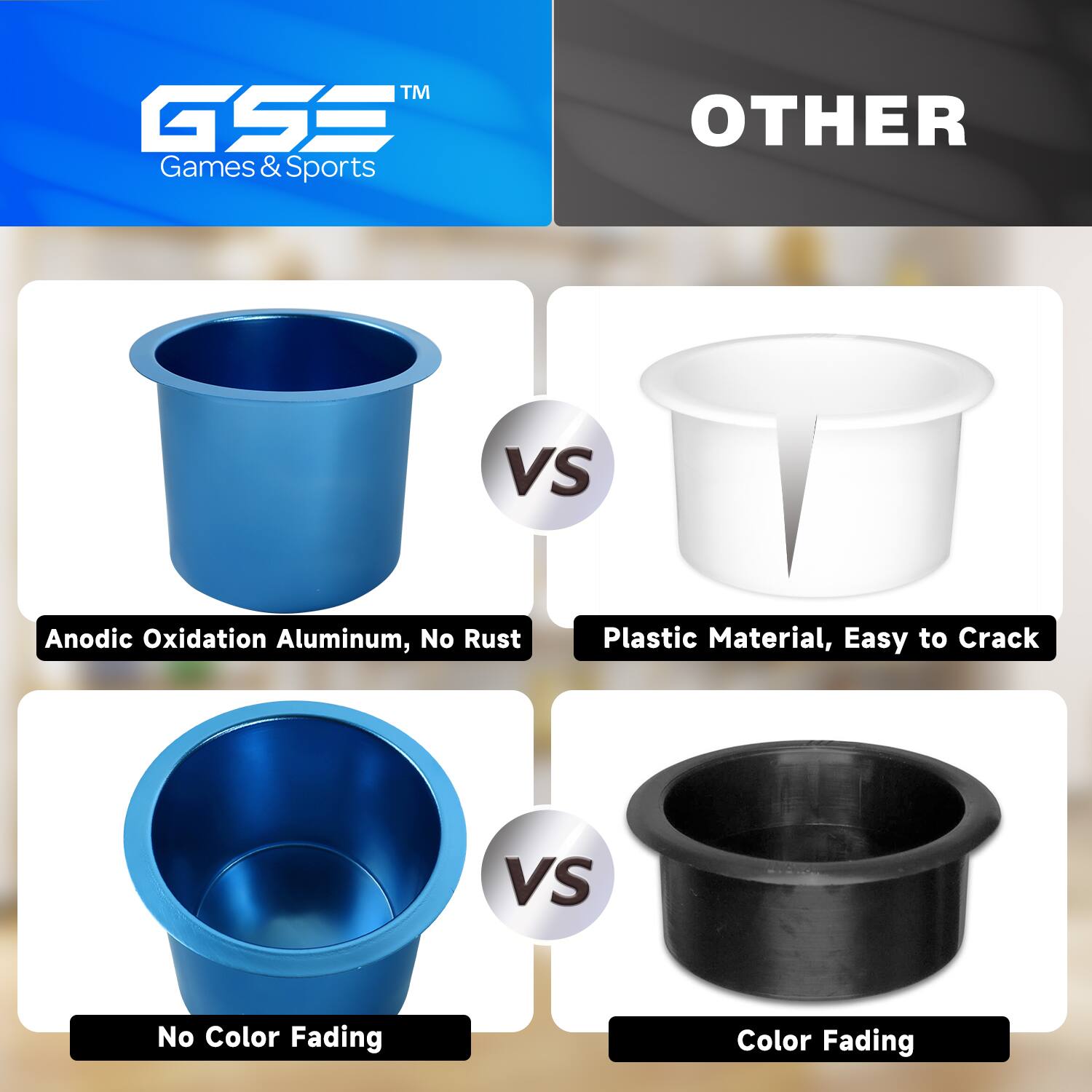 TM GE Games & Sports OTHER VS Anodic Oxidation Aluminum, No Rust VS Plastic Material, Easy to Crack VS No Color Fading VS Color Fading
