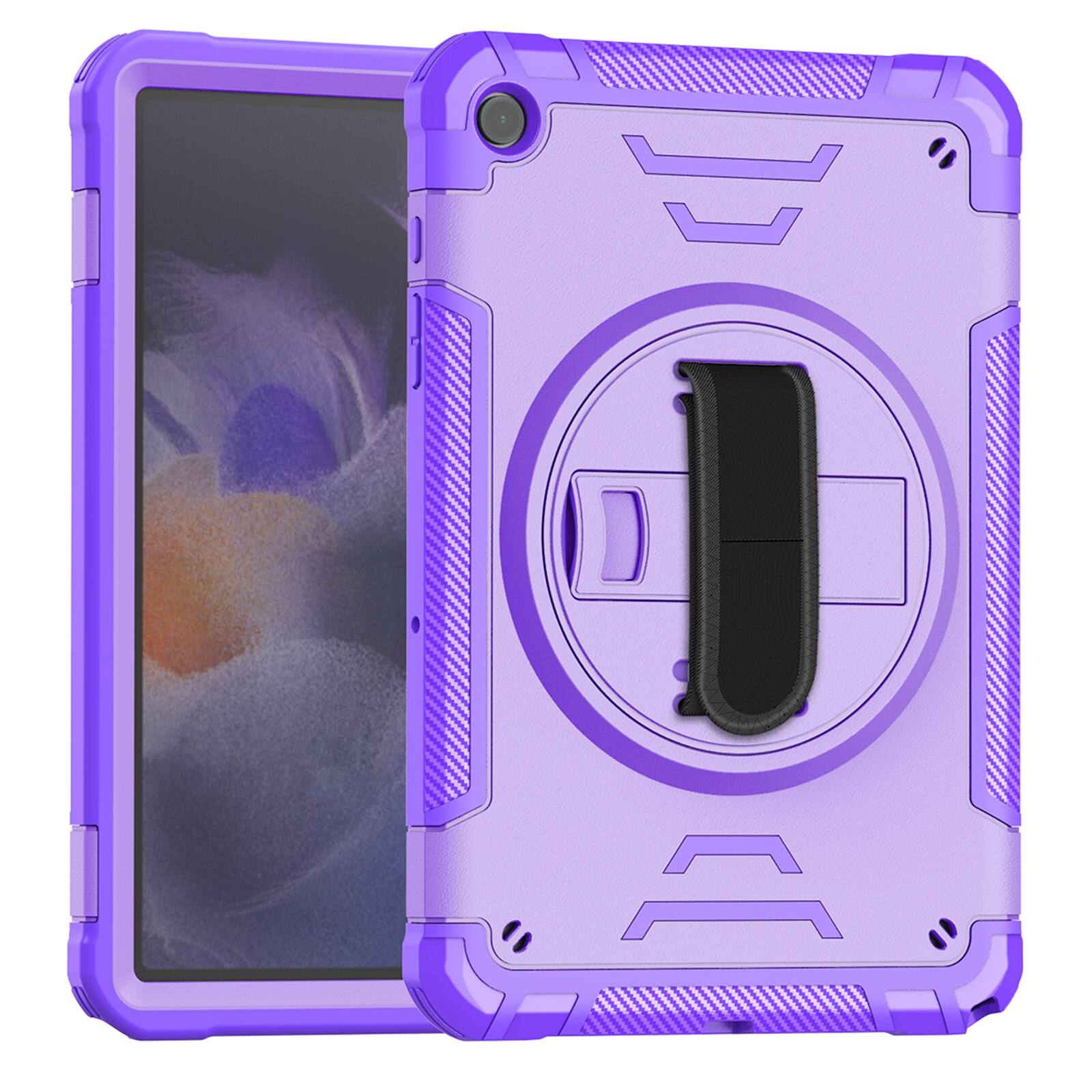 Angle. Dteck - Shockproof Case for Samsung Galaxy Tab A9+ with Shoulder Hand Strap, Kid Friendly Rugged Cover with 360 Rotating Stand - Purple.