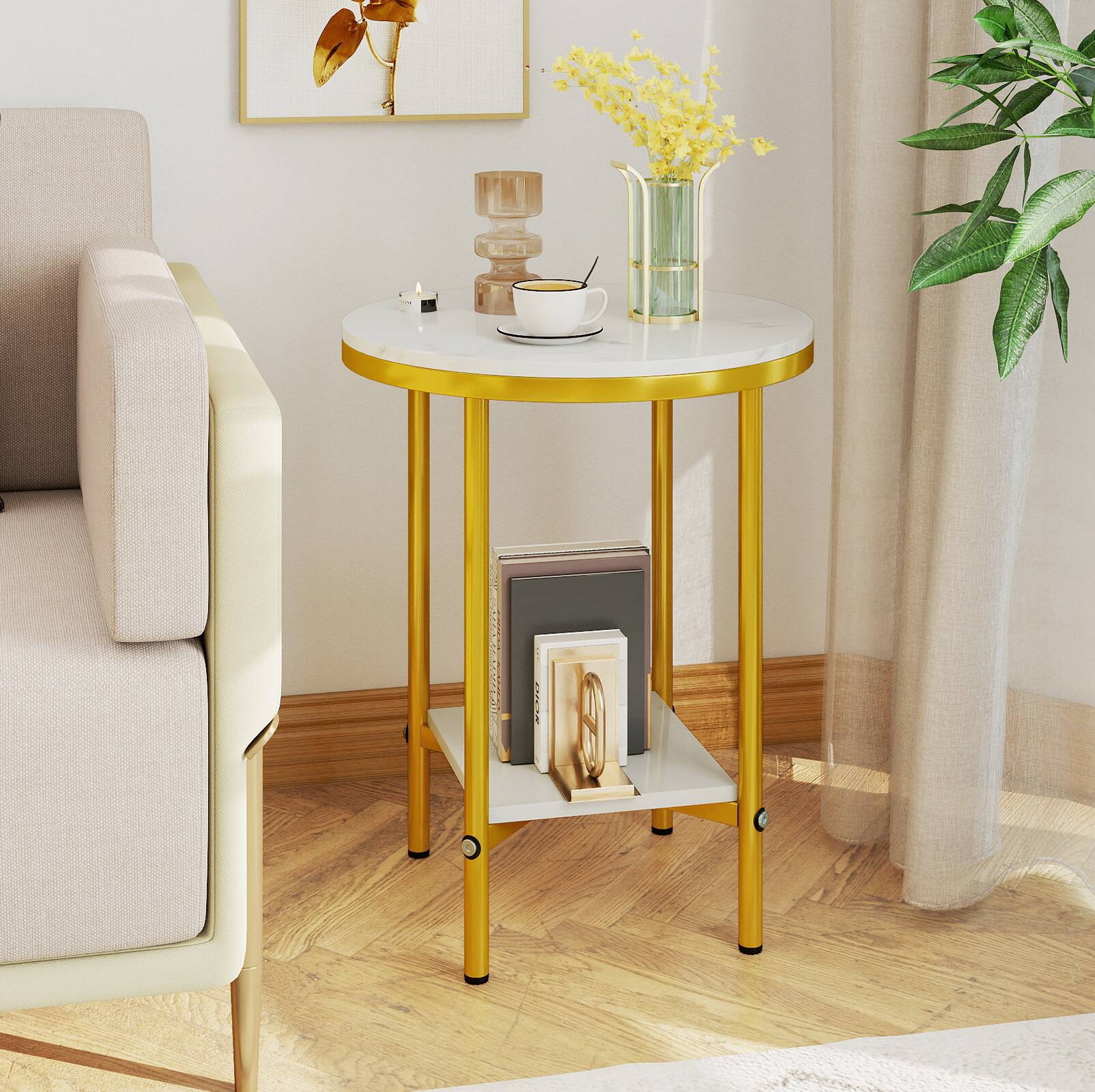 Alt View 4. Gymax - Gymax 16'' 2-Tier Round Side Table w/Storage Shelf Gold Metal Frame for Living Room - White.