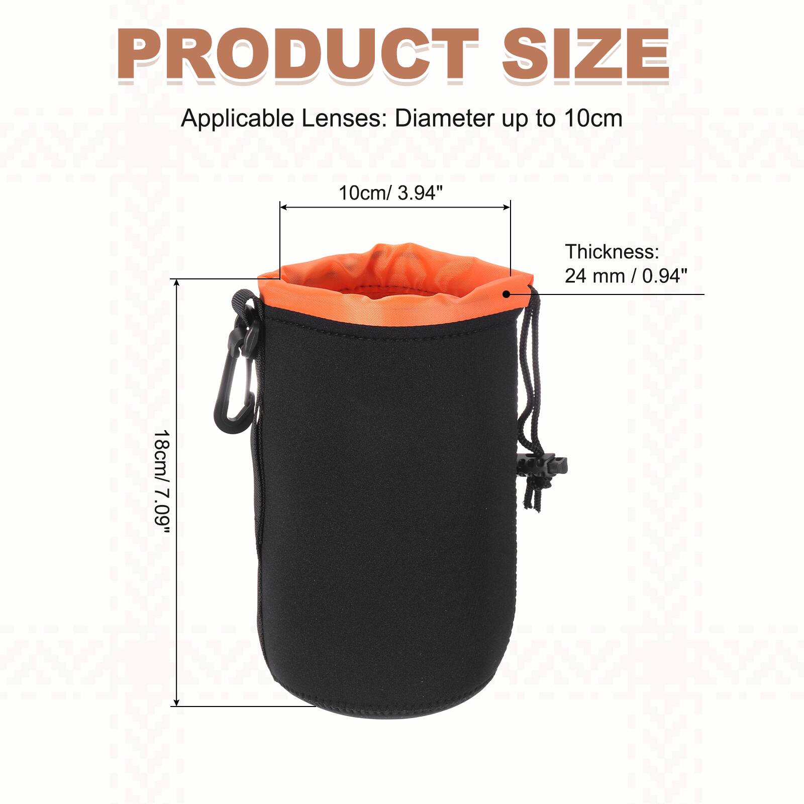 PRODUCT SIZE  
Applicable Lenses: Diameter up to 10cm  
Thickness: 24 mm / 0.94"  
18cm / 7.09"