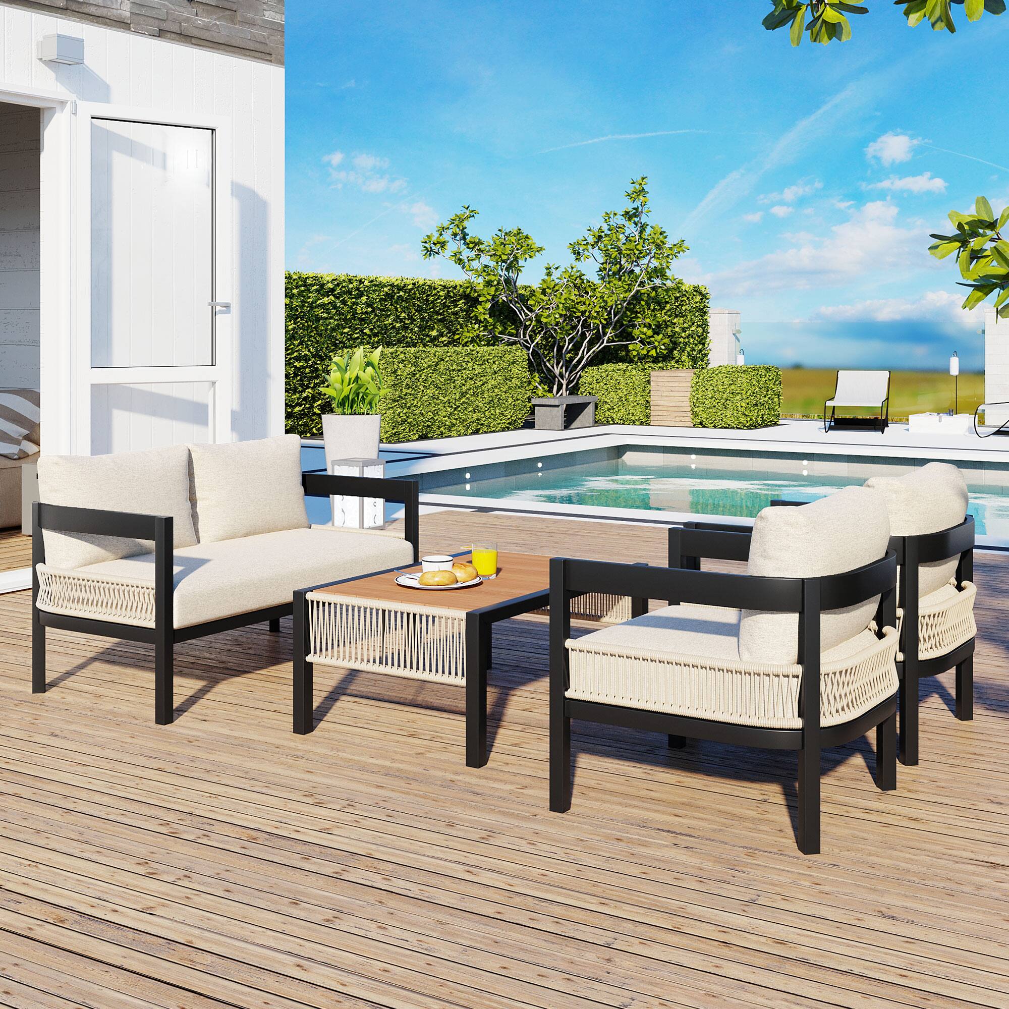 Left. Mondawe - Outdoor Iron Sofa Set with A table, Rattan Decoration - Beige.