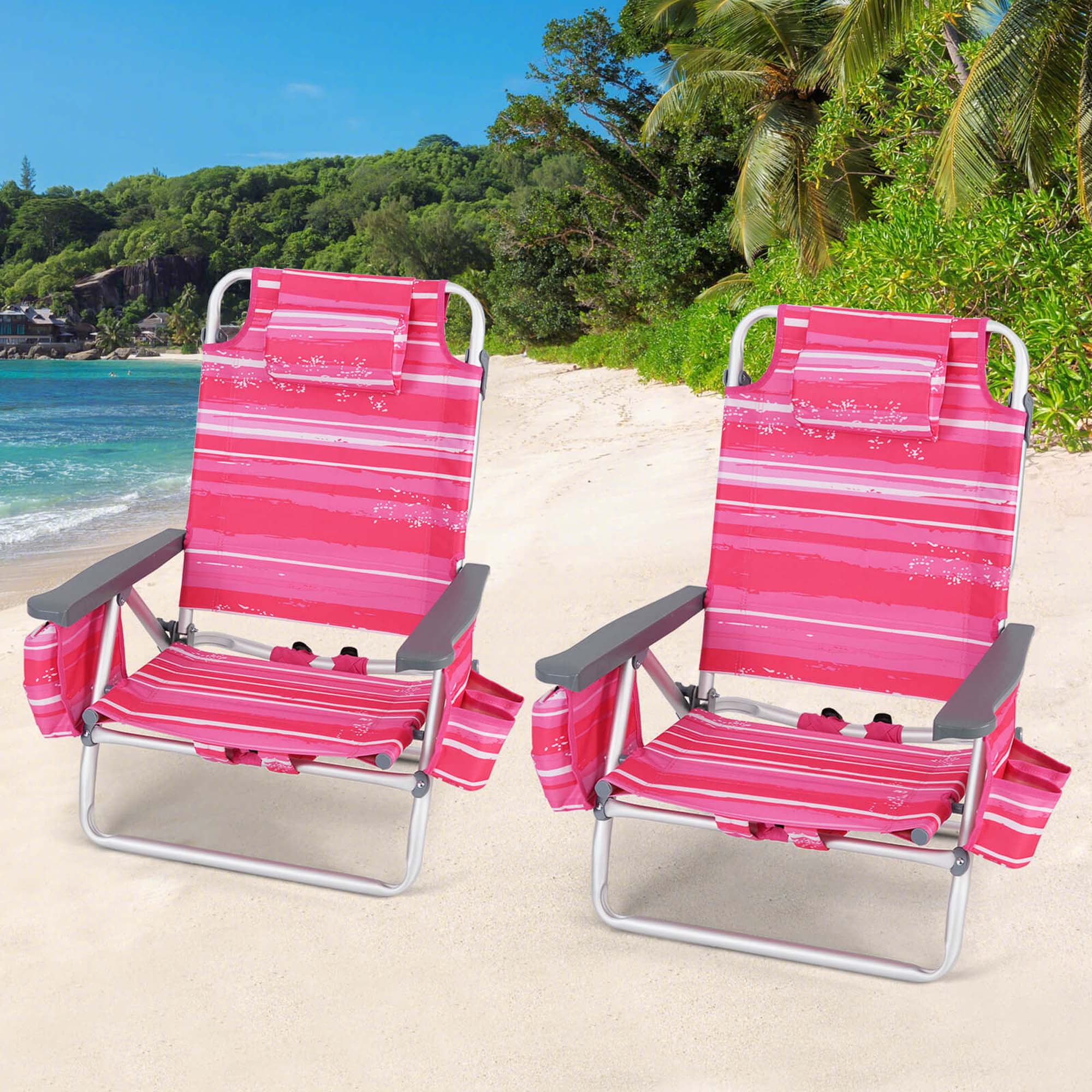 Alt View 1. Costway - 2-Pack Folding Backpack Beach Chair 5-Position Outdoor Reclining Chairs with Pillow - Dark Pink.