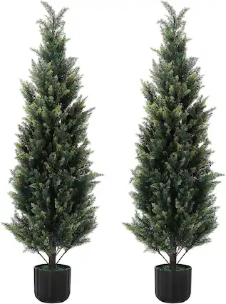Front. Oumilen - 4FT Artificial Cedar Topiary Trees,2 Pack Faux Pine Cypress Plants for Front Porch Decor.