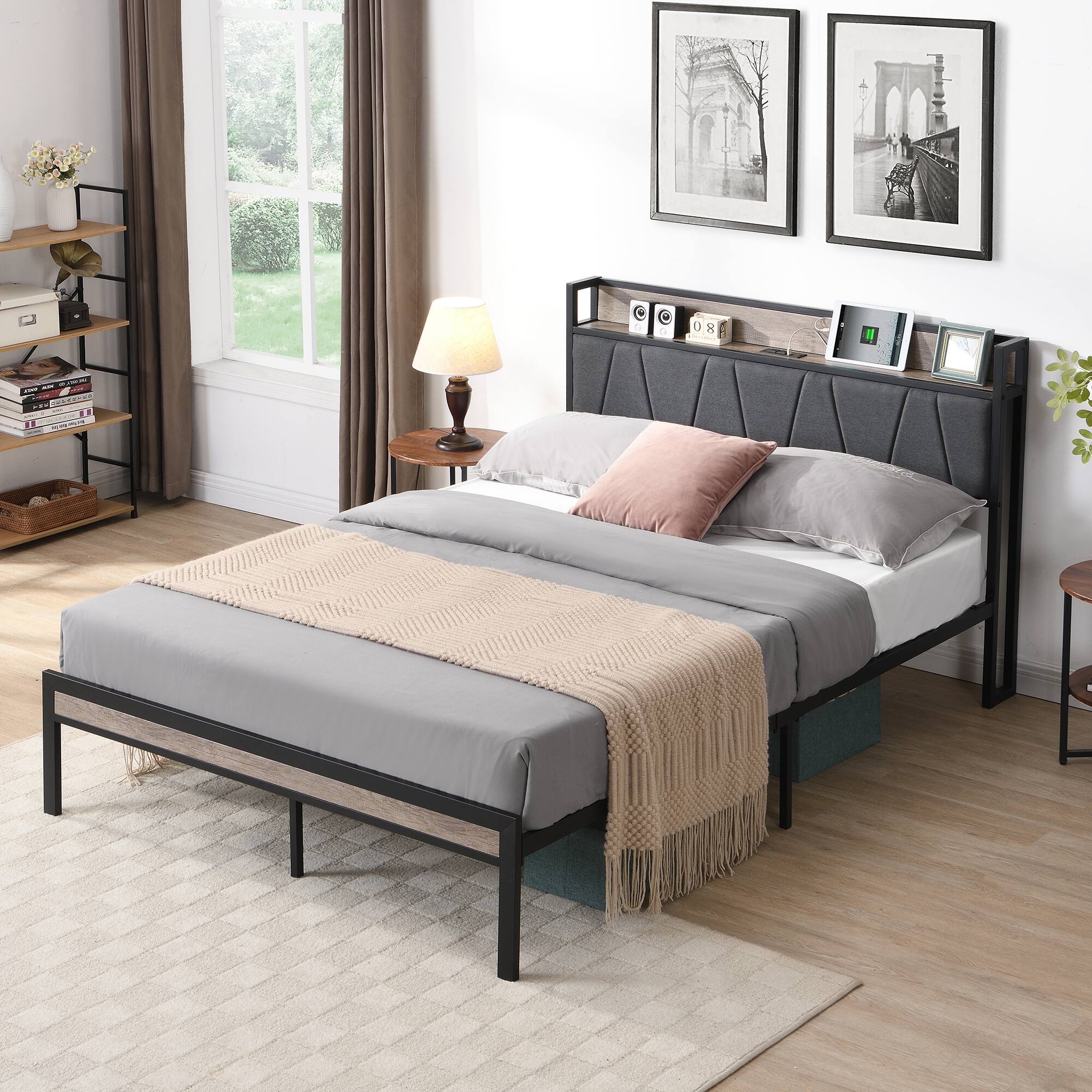 Front. Trinkets Crazed - Full Size Metal Platform Bed Frame with Storage Function Headboard and USB Liner and Footboard, No Box Spring Needed - Black.