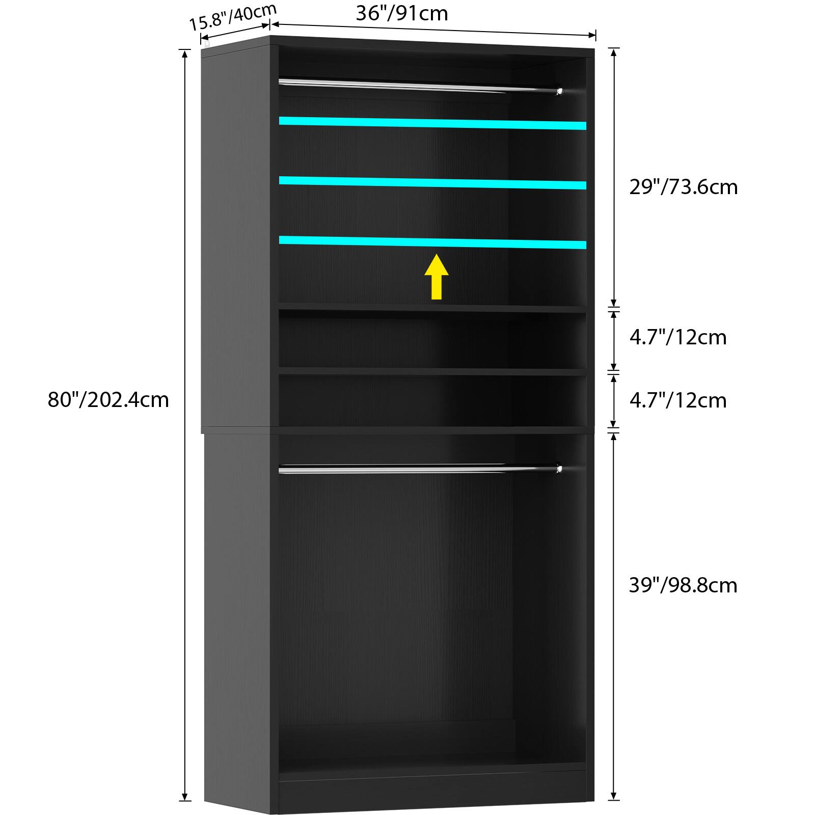 15.8"/40cm  
36"/91cm  
29"/73.6cm  
4.7"/12cm  
80"/202.4cm  
4.7"/12cm  
39"/98.8cm