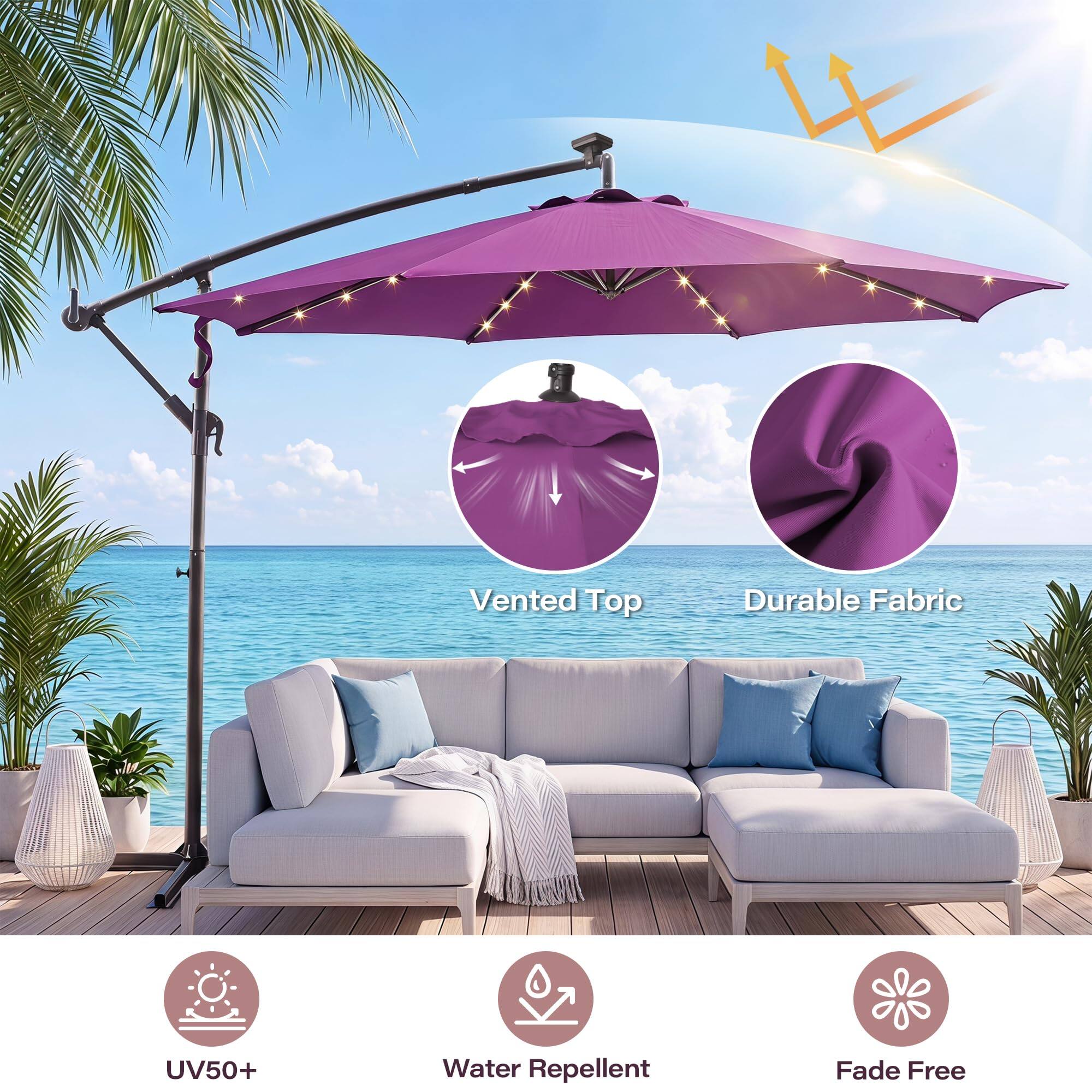 Vented Top  
Durable Fabric  
UV50+  
Water Repellent  
Fade Free
