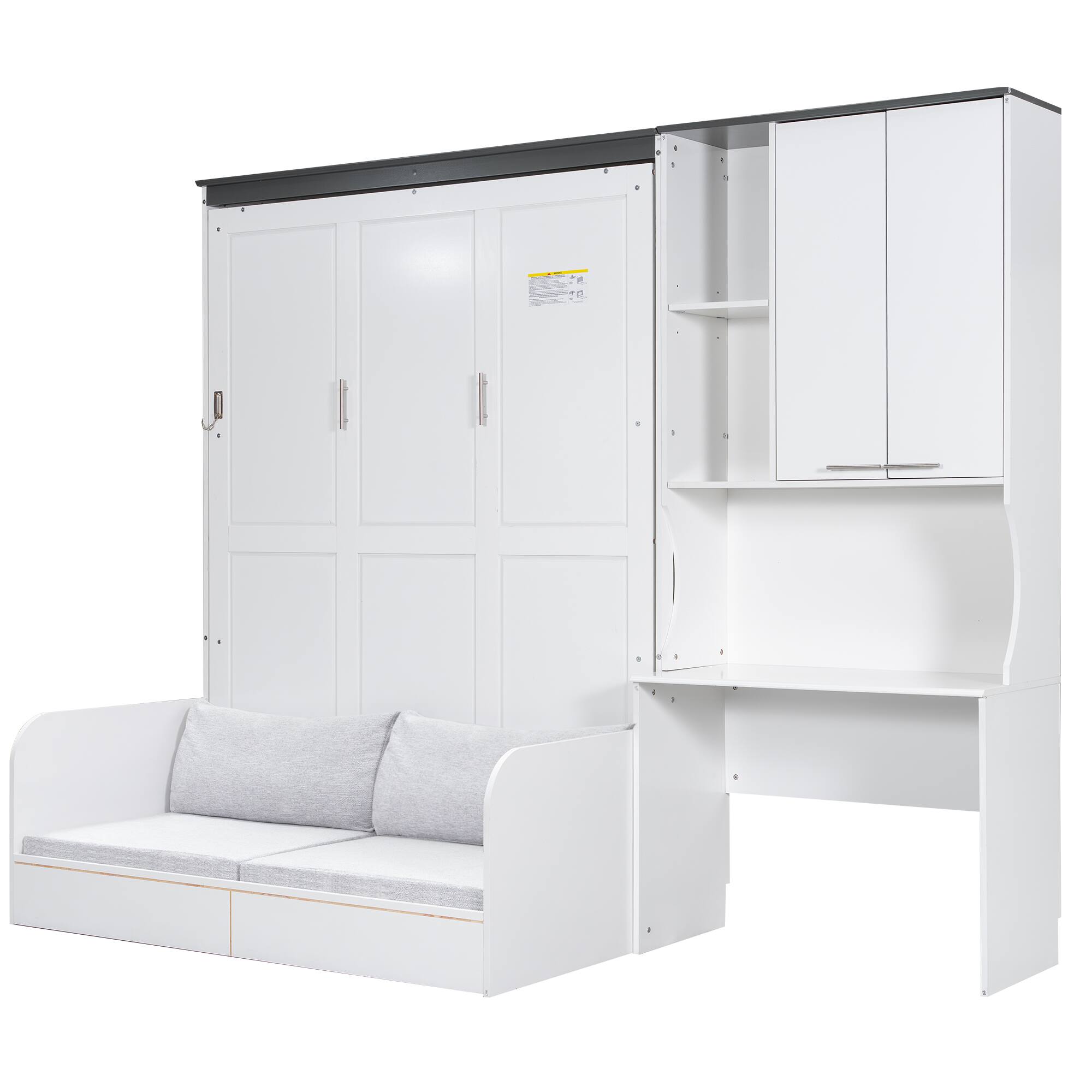 Alt View 1. Anysun - Queen Size Murphy Bed with Sofa, Desk & Storage Cabinet, Space-Saving Foldable Wall Bed for Small Rooms - White.
