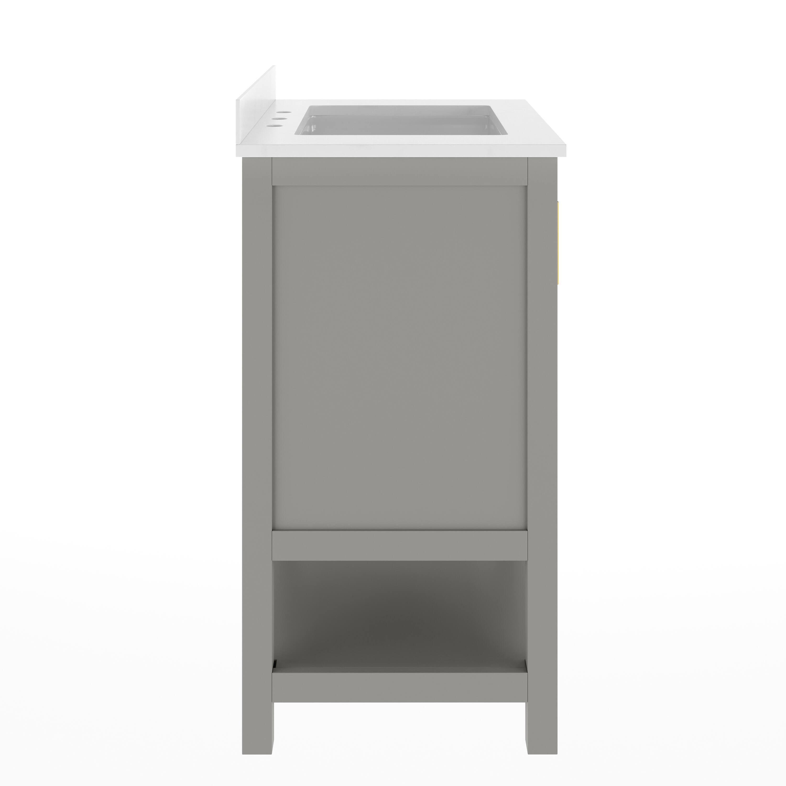 Alt View 4. Emma + Oliver - Vesta Bathroom Vanity, Single Sink Cabinet with 2 Soft Close Doors and Open Shelf, Carrara Marble Finish Countertop - Gray Frame/Gold Hardware.