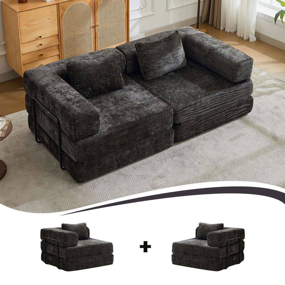 Alt View 6. Kadyn - Convertible Compression Sofa, Fixed-Frame Floor Bed with Boneless Chenille Sectional Design, Black - Black.
