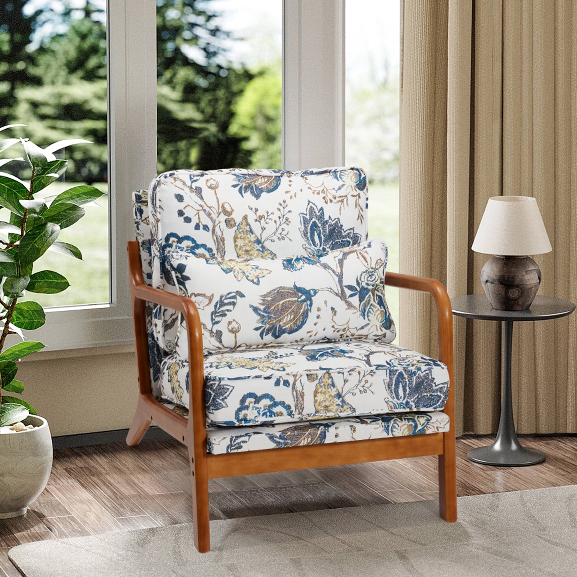 Left. U-HOMY - Mid-Century Modern Accent Chair, Solid Wood Armchair with Upholstered Cushion for Living Room, Bedroom - Blue.