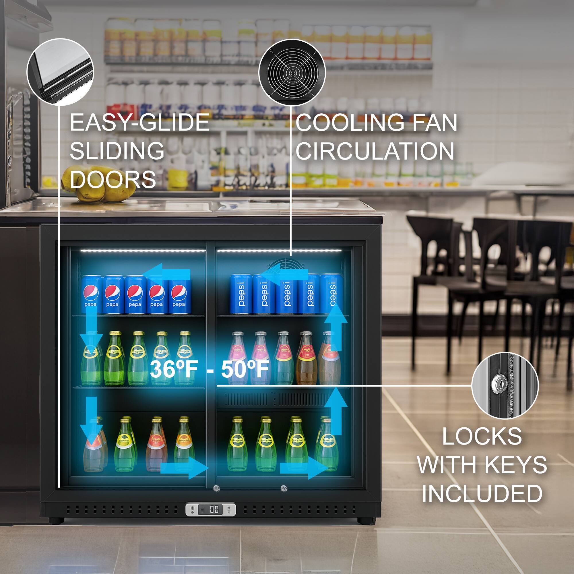 EASY-GLIDE SLIDING DOORS  
COOLING FAN CIRCULATION  
36°F - 50°F  
LOCKS WITH KEYS INCLUDED