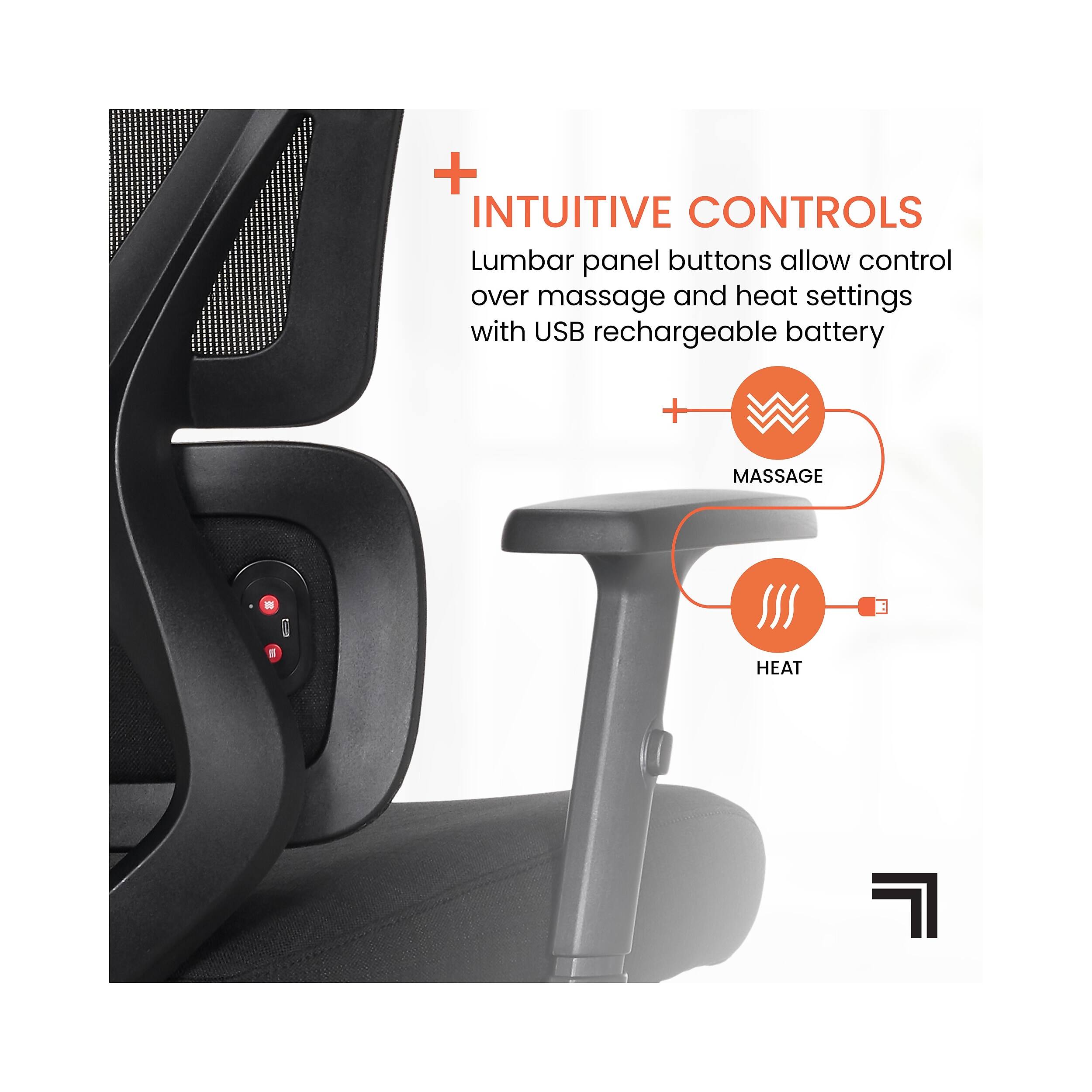 + INTUITIVE CONTROLS  
Lumbar panel buttons allow control over massage and heat settings with USB rechargeable battery  

MASSAGE  
HEAT